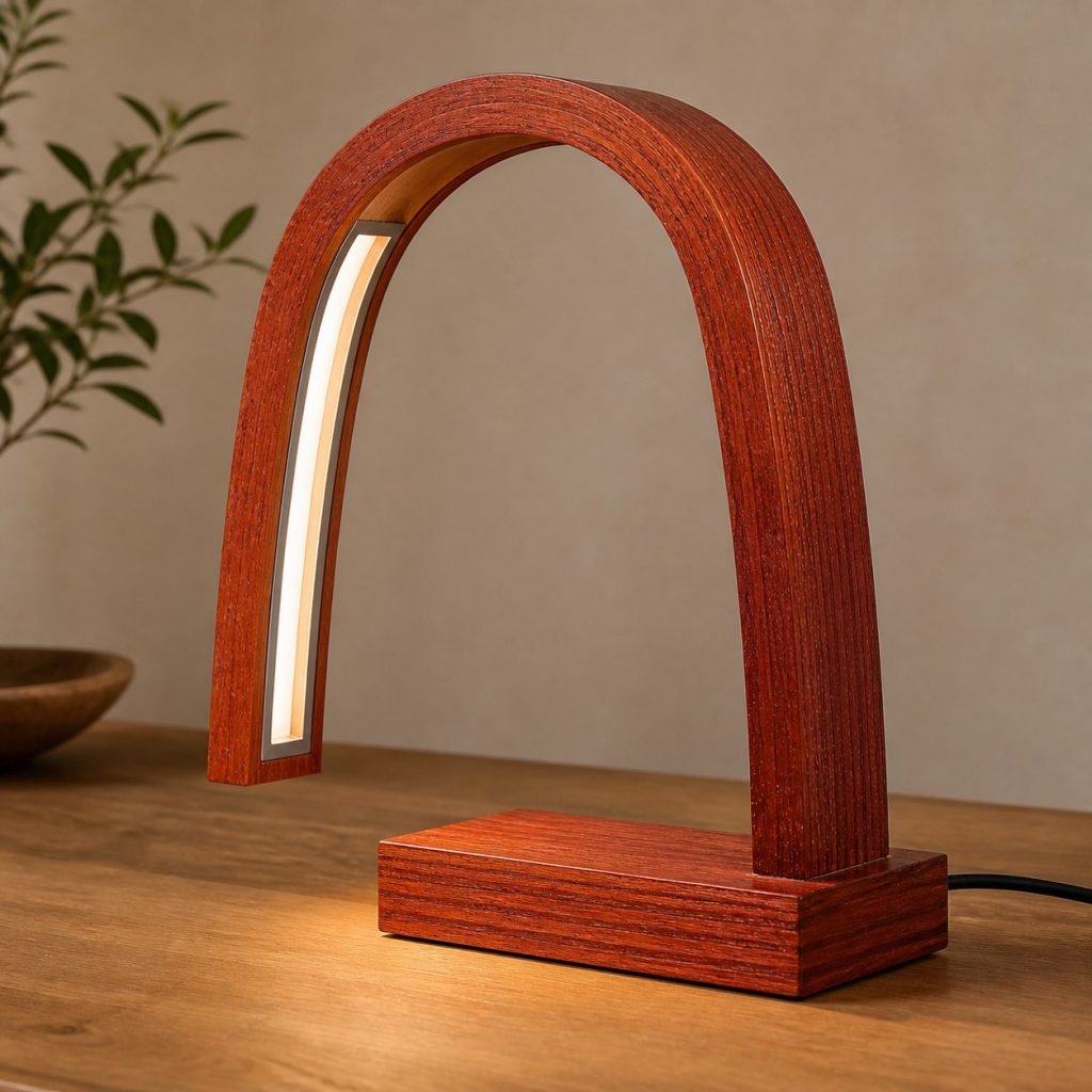 Padauk Laminated Arch Lamp shown as an original square photorealistic padauk wood lamp with authentic grain, warm diffused light, and a short dark power cord