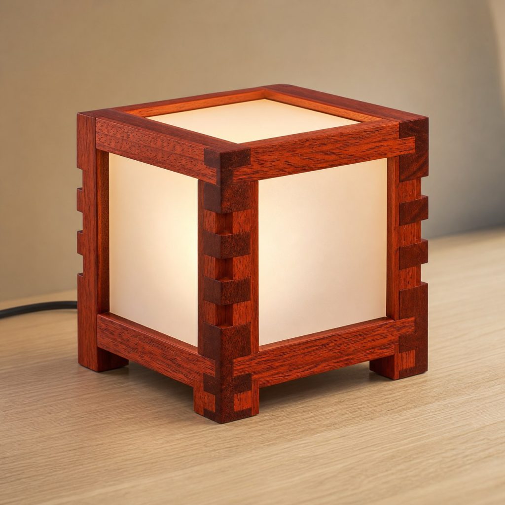 Padauk Box-Jointed Cube Lamp shown as an original square photorealistic padauk wood lamp with authentic grain, warm diffused light, and a short dark power cord