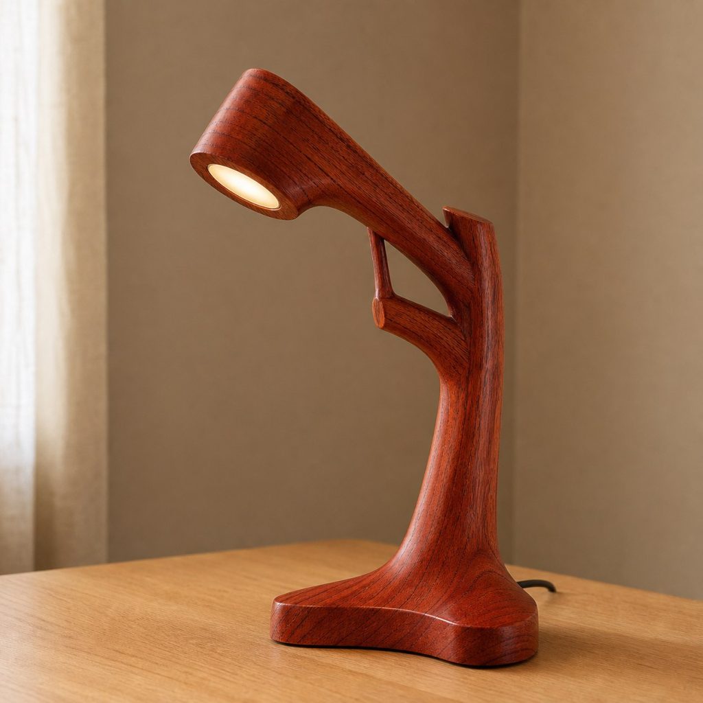 Padauk Branch Reading Lamp shown as an original square photorealistic padauk wood lamp with authentic grain, warm diffused light, and a short dark power cord