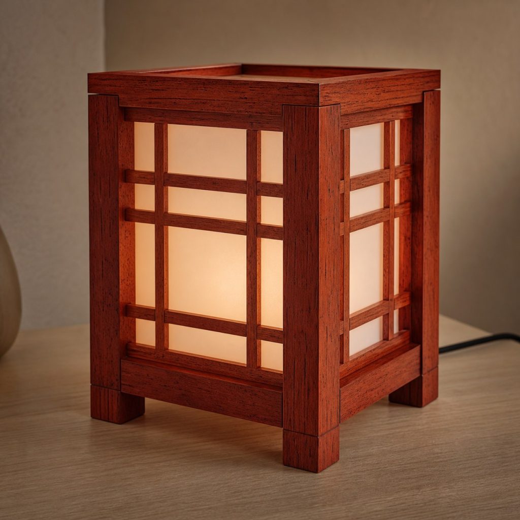Padauk Lattice Lamp shown as an original square photorealistic padauk wood lamp with authentic grain, warm diffused light, and a short dark power cord