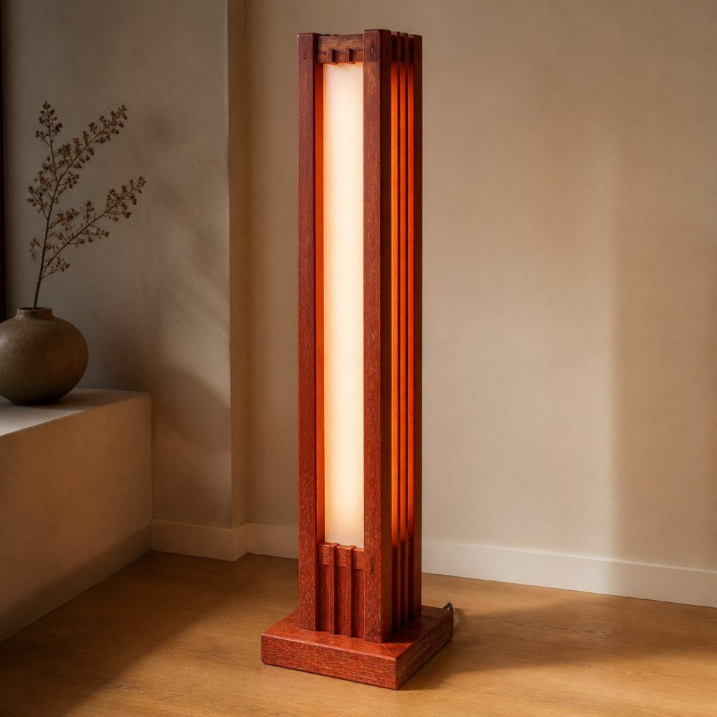 Padauk Column Floor Lamp shown as an original square photorealistic padauk wood lamp with authentic grain, warm diffused light, and a short dark power cord