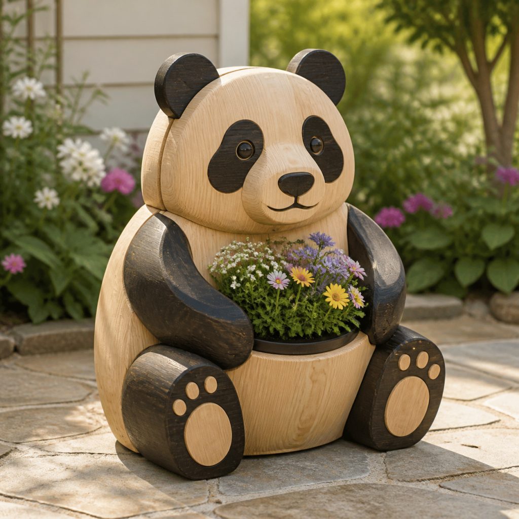 Compact Panda Cub Planter shown as a square photorealistic cedar garden planter filled with cottage flowers