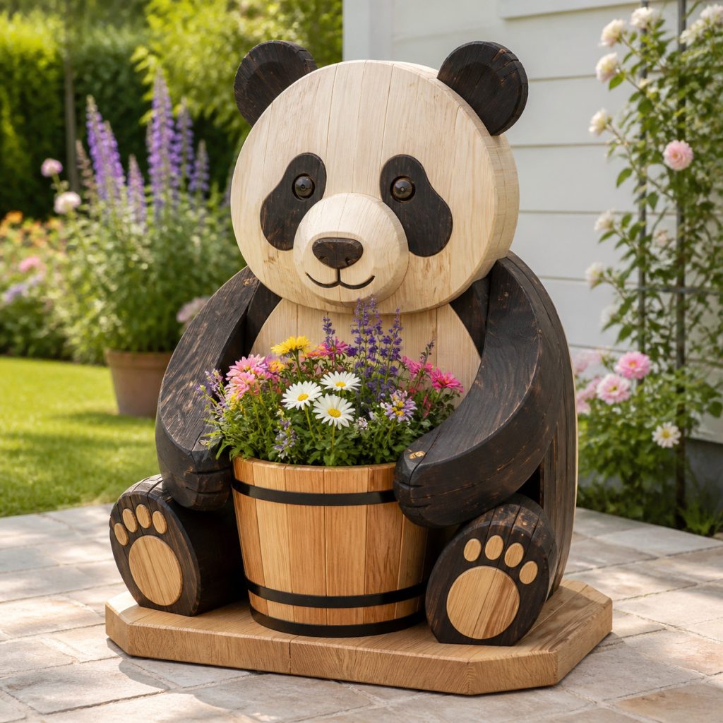 Seated Panda Pot Holder shown as a square photorealistic cedar garden planter filled with cottage flowers
