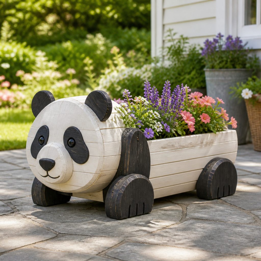 Low Panda Flower Trough shown as a square photorealistic cedar garden planter filled with cottage flowers