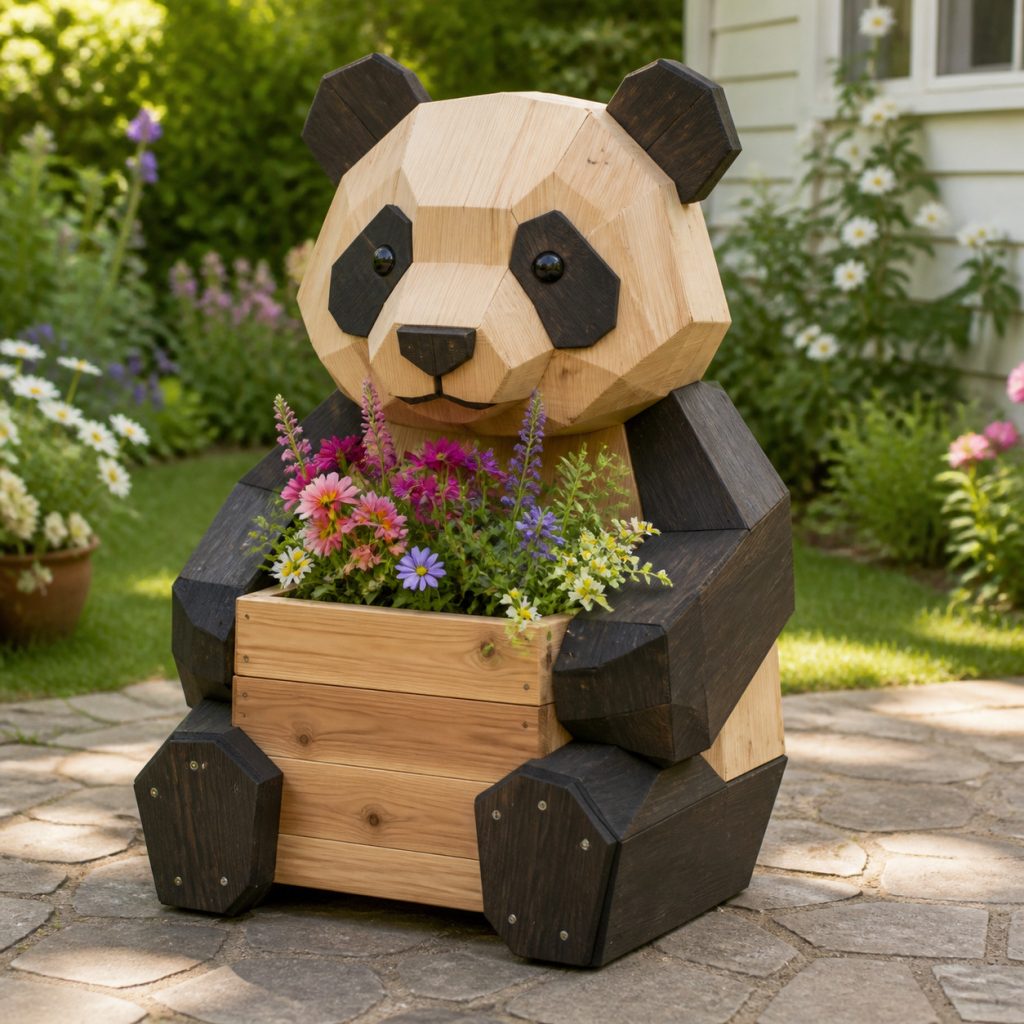 Modern Geometric Panda shown as a square photorealistic cedar garden planter filled with cottage flowers