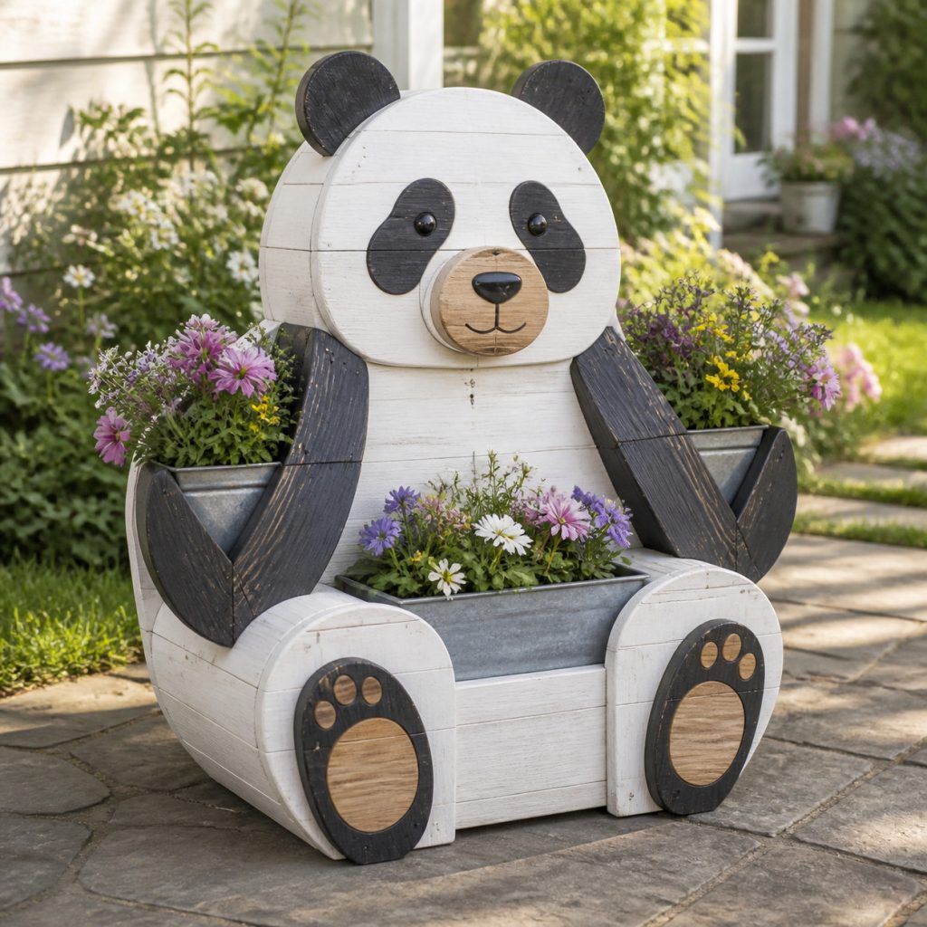 Whitewashed Cottage Panda shown as a square photorealistic cedar garden planter filled with cottage flowers