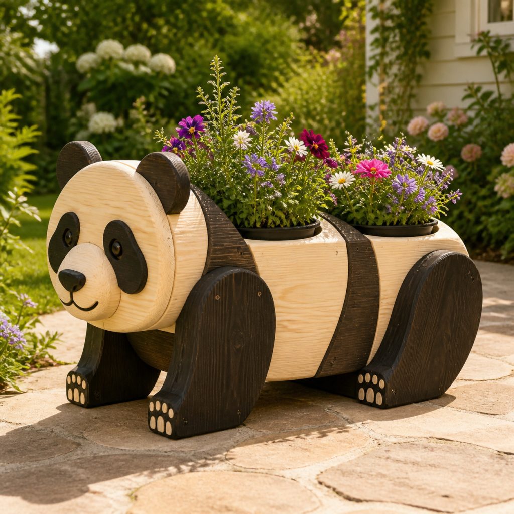 Panda with Twin Body Pots shown as a square photorealistic cedar garden planter filled with cottage flowers