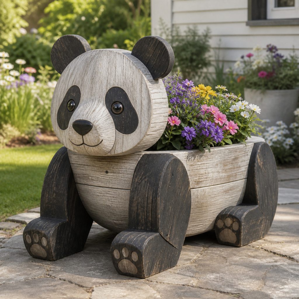 Weathered Garden Panda shown as a square photorealistic cedar garden planter filled with cottage flowers
