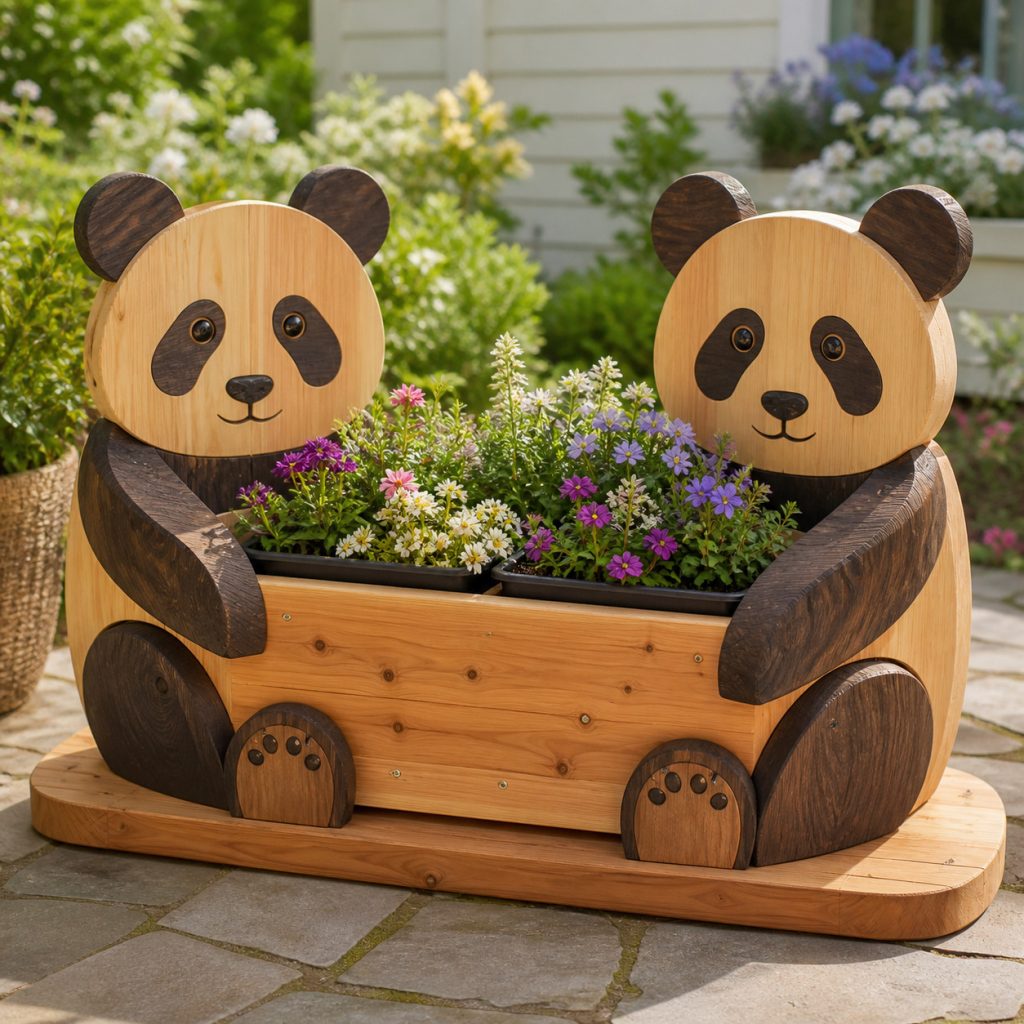 Panda Pair on One Base shown as a square photorealistic cedar garden planter filled with cottage flowers
