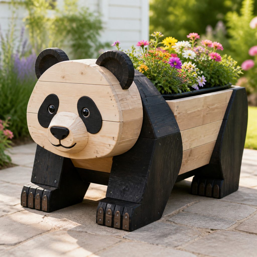 Chunky Timber Panda Box shown as a square photorealistic cedar garden planter filled with cottage flowers