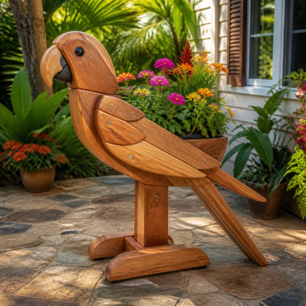 Classic Cedar Parrot Planter shown as a square photorealistic cedar garden planter filled with cottage flowers