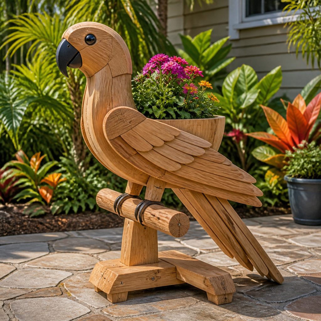 Compact Porch Parrot Pot shown as a square photorealistic cedar garden planter filled with cottage flowers