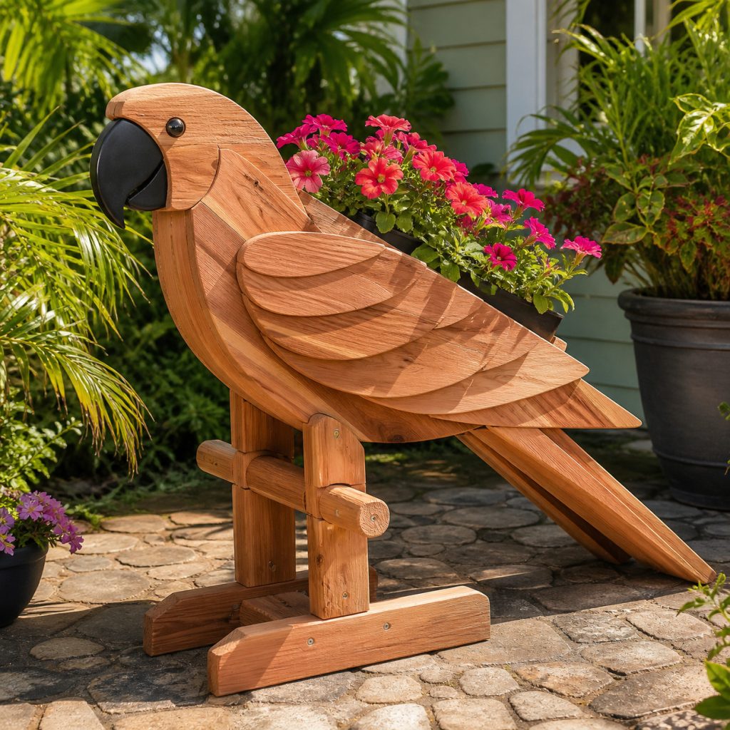 Layered-Wing Garden Parrot shown as a square photorealistic cedar garden planter filled with cottage flowers