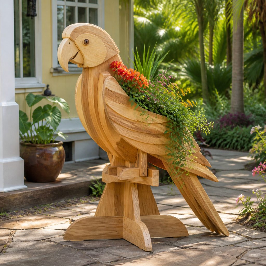 Parrot on Broad Perch Base shown as a square photorealistic cedar garden planter filled with cottage flowers