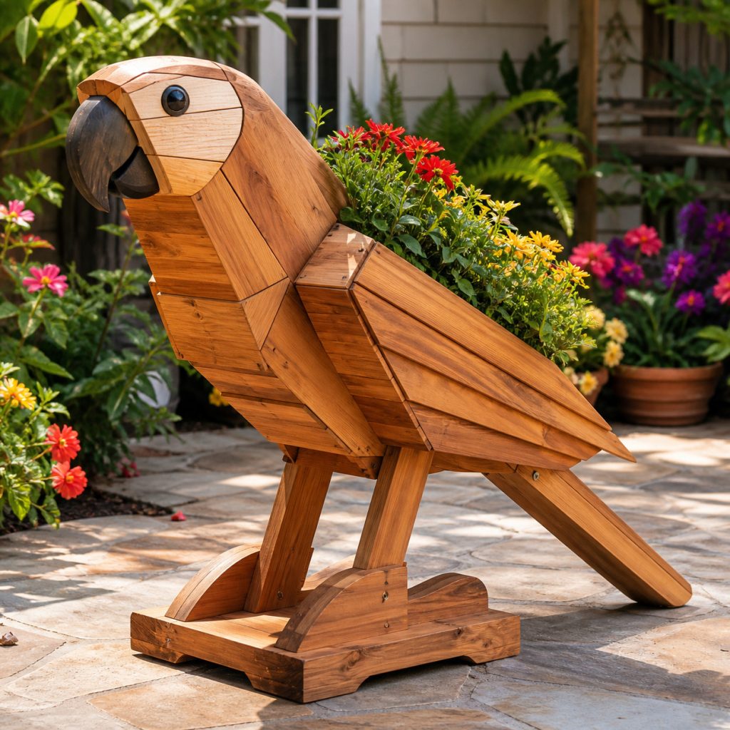 Modern Geometric Parrot shown as a square photorealistic cedar garden planter filled with cottage flowers