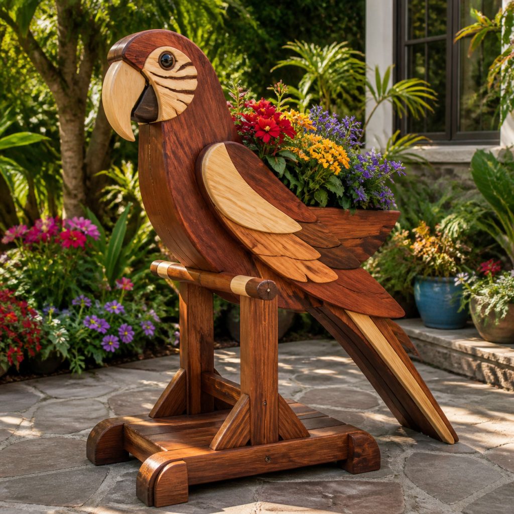 Two-Tone Tropical Parrot shown as a square photorealistic cedar garden planter filled with cottage flowers