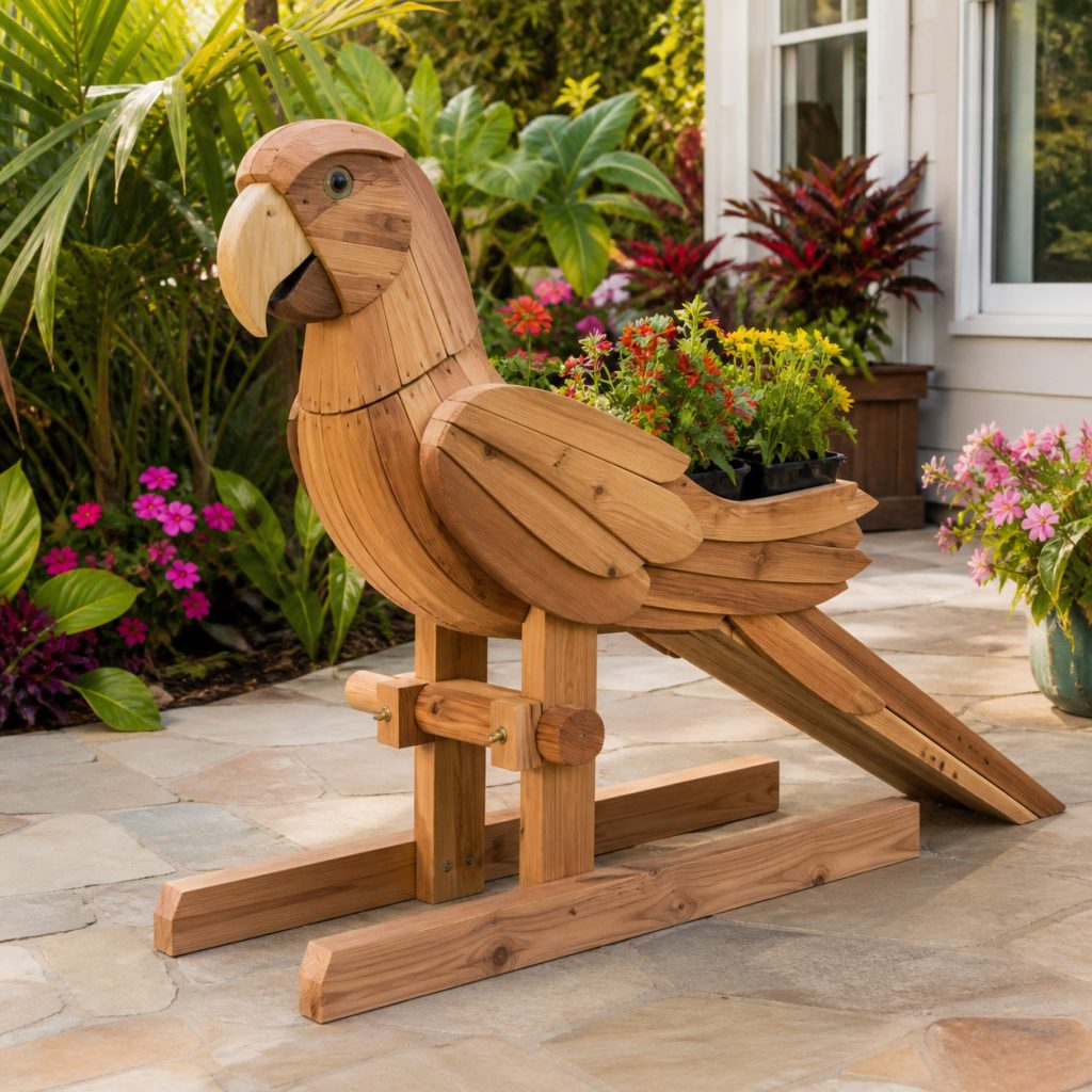 Long-Tail Flower Parrot shown as a square photorealistic cedar garden planter filled with cottage flowers
