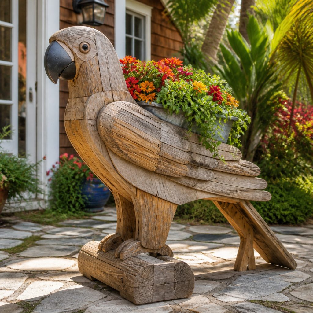 Weathered Cottage Parrot shown as a square photorealistic cedar garden planter filled with cottage flowers