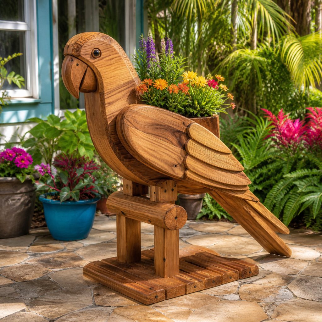 Parrot with Twin Body Pots shown as a square photorealistic cedar garden planter filled with cottage flowers
