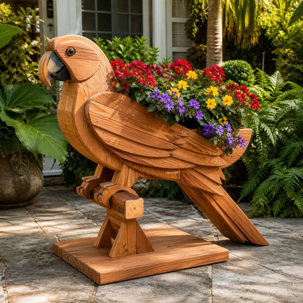 Bright-Flower Cedar Parrot shown as a square photorealistic cedar garden planter filled with cottage flowers