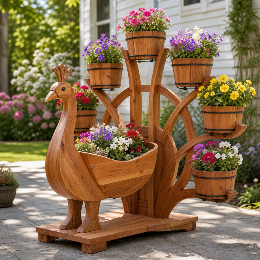Classic Fan-Tail Peacock shown as a square photorealistic cedar garden planter filled with cottage flowers