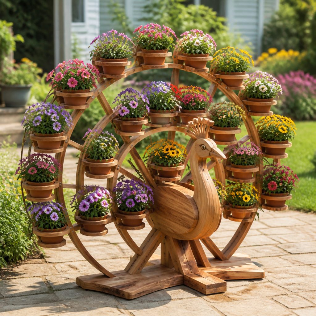 Circular Pot-Ring Peacock shown as a square photorealistic cedar garden planter filled with cottage flowers
