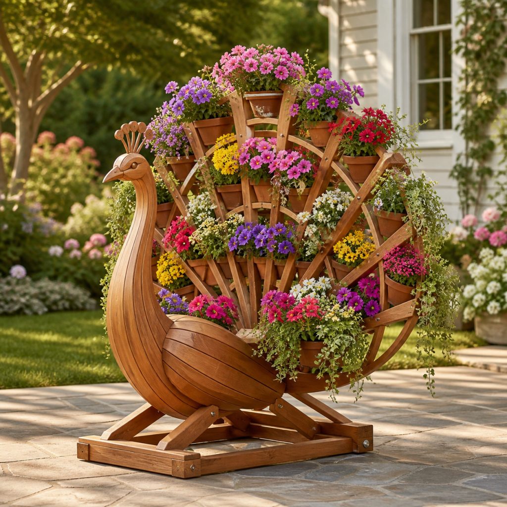 Lattice-Tail Cedar Peacock shown as a square photorealistic cedar garden planter filled with cottage flowers
