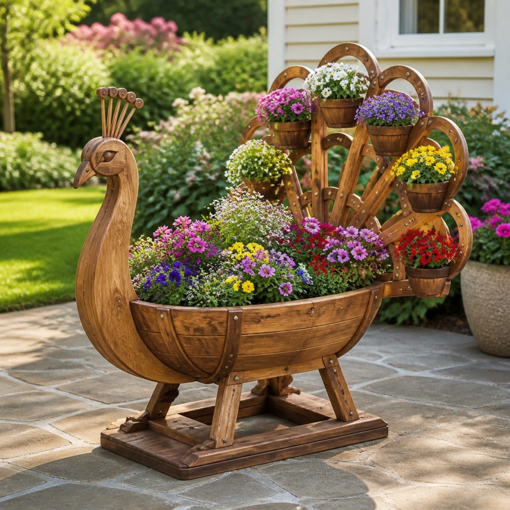 Compact Trough-Body Peacock shown as a square photorealistic cedar garden planter filled with cottage flowers