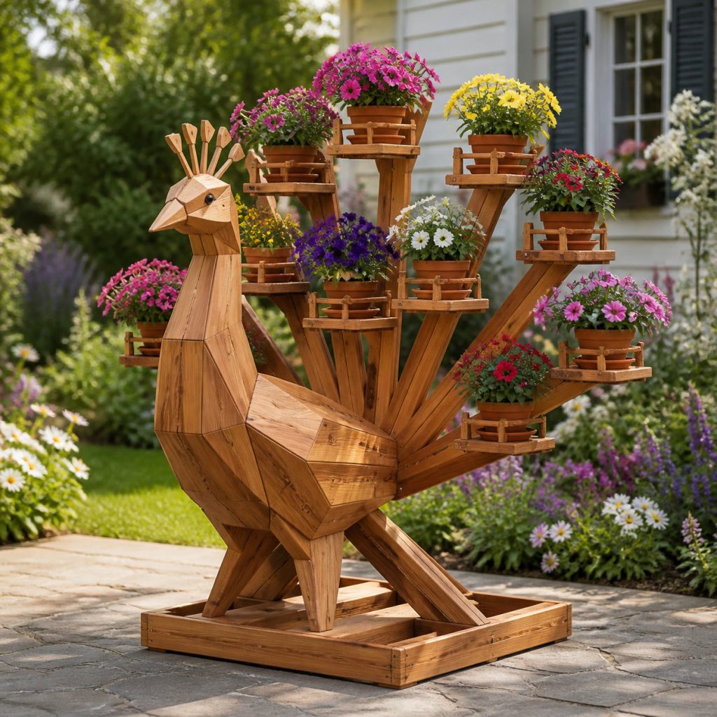 Modern Geometric Peacock shown as a square photorealistic cedar garden planter filled with cottage flowers