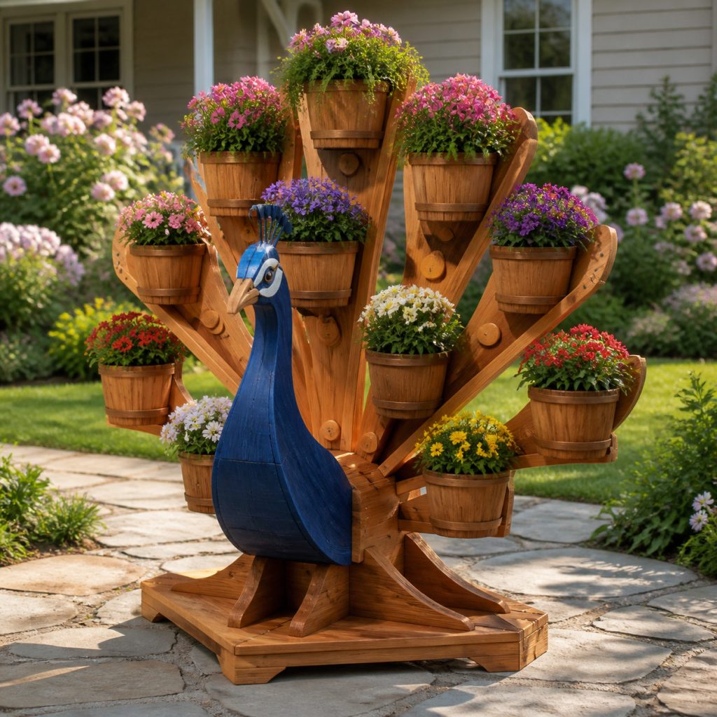 Blue-Stained Two-Tone Peacock shown as a square photorealistic cedar garden planter filled with cottage flowers