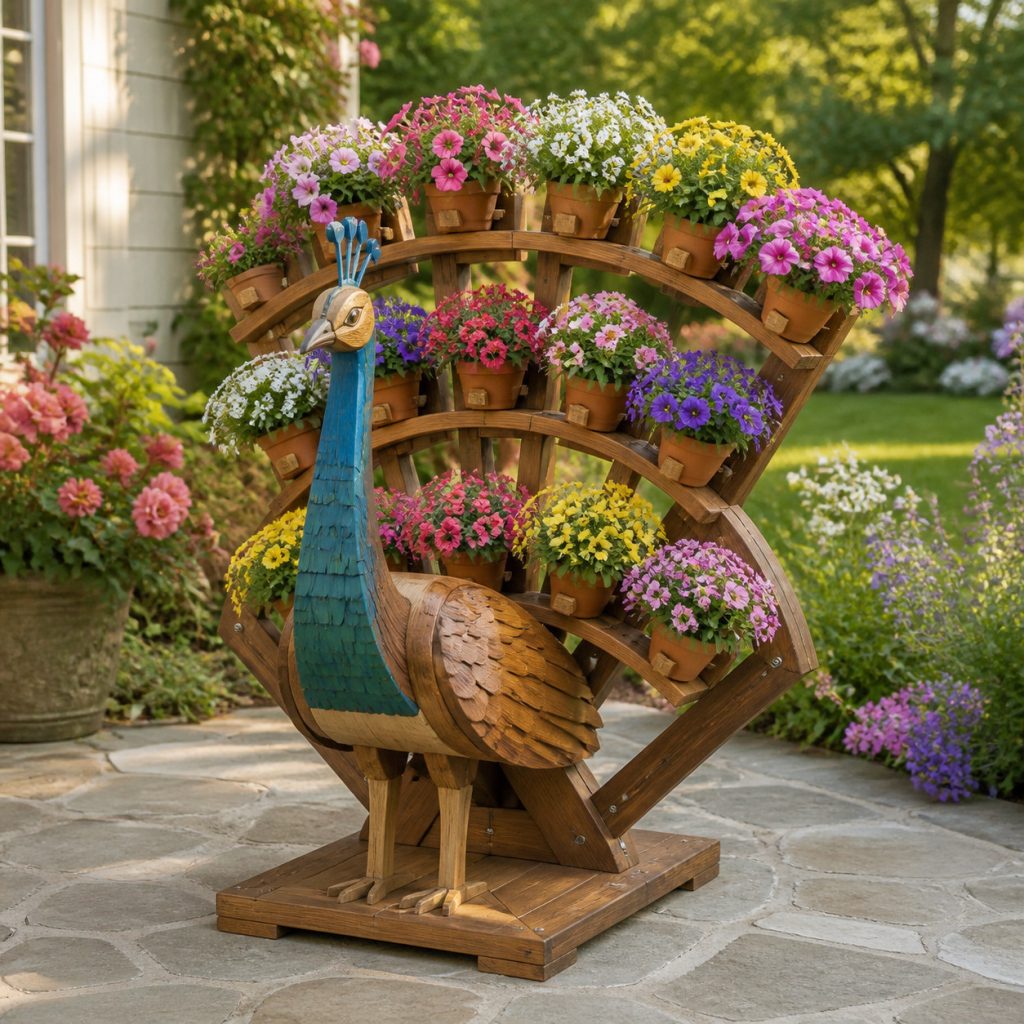 Tiered Tail-Shelf Peacock shown as a square photorealistic cedar garden planter filled with cottage flowers