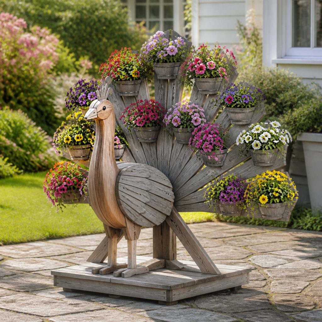 Weathered Cottage Peacock shown as a square photorealistic cedar garden planter filled with cottage flowers