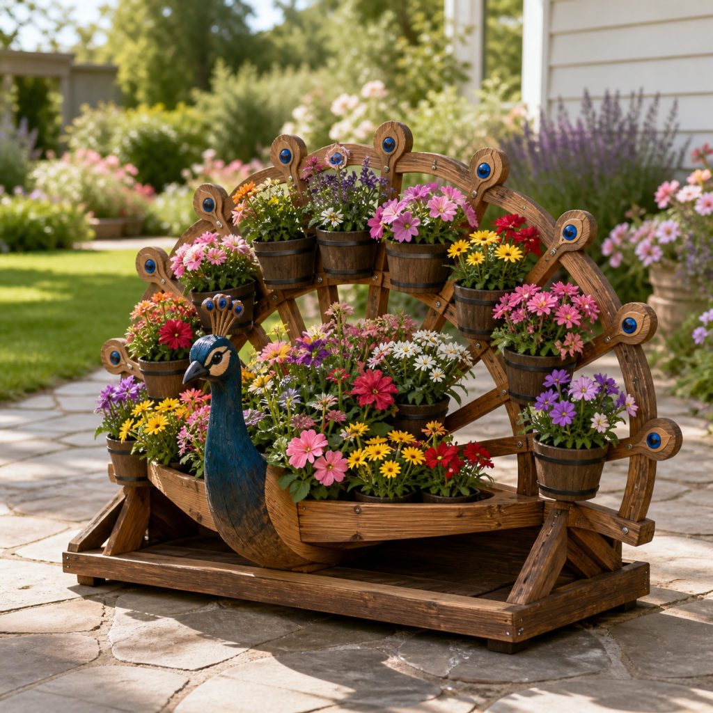 Low Half-Fan Peacock Planter shown as a square photorealistic cedar garden planter filled with cottage flowers