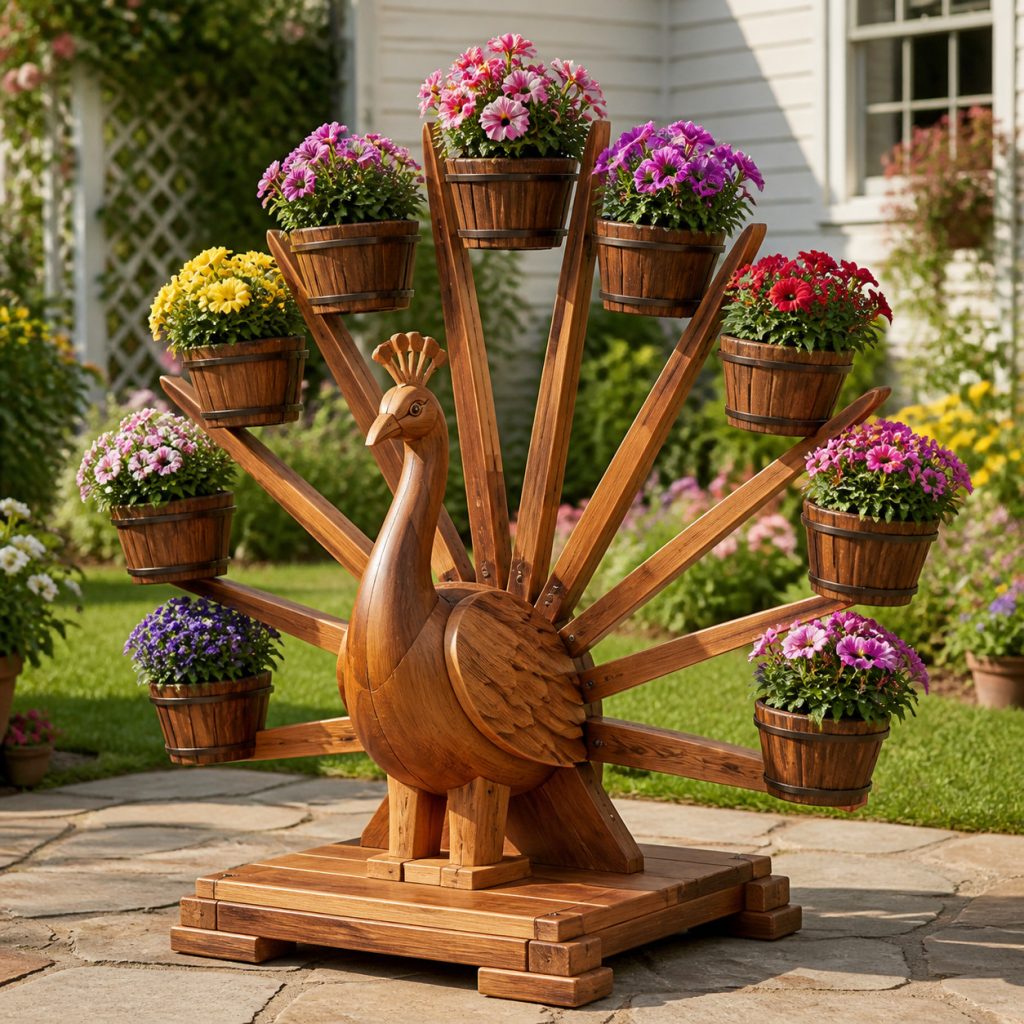 Grand Arched-Tail Peacock shown as a square photorealistic cedar garden planter filled with cottage flowers