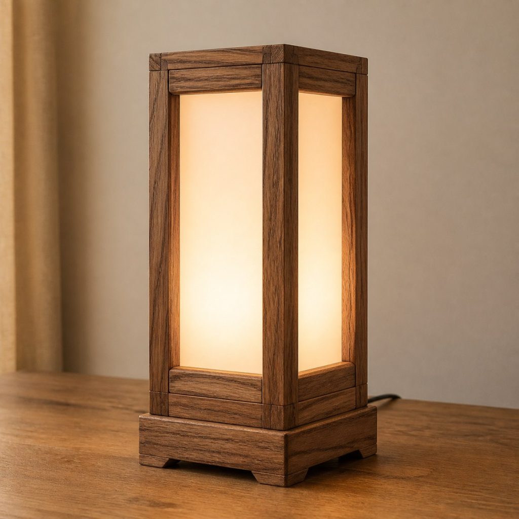 Pecan Frame Diffuser Table Lamp shown as an original square photorealistic pecan wood lamp with authentic grain, warm diffused light, and a short dark power cord