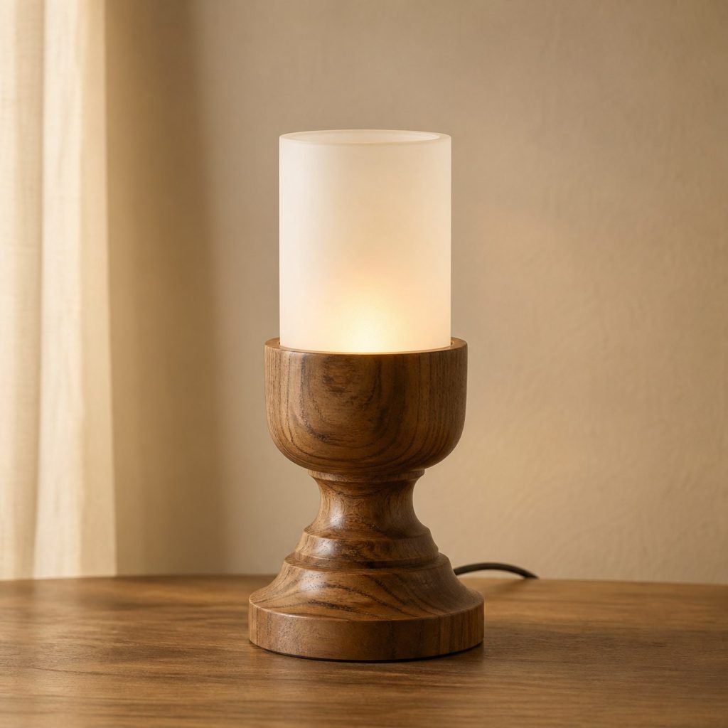 Pecan Turned Bedside Lamp shown as an original square photorealistic pecan wood lamp with authentic grain, warm diffused light, and a short dark power cord