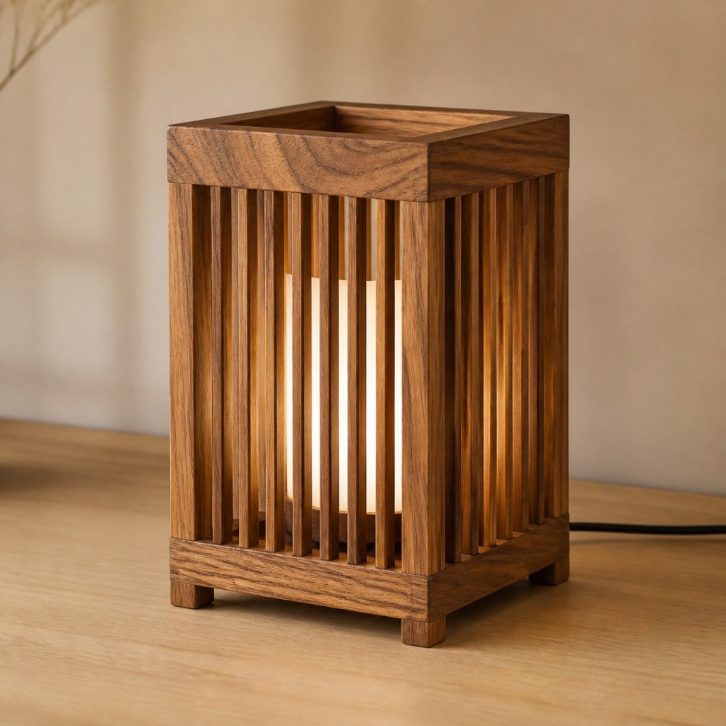 Pecan Slatted Lantern Lamp shown as an original square photorealistic pecan wood lamp with authentic grain, warm diffused light, and a short dark power cord