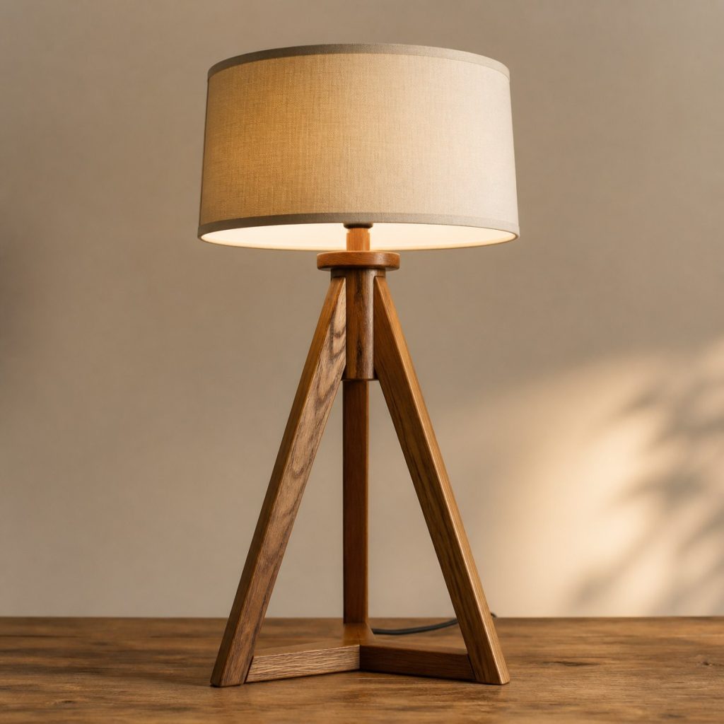 Pecan Tripod Reading Lamp shown as an original square photorealistic pecan wood lamp with authentic grain, warm diffused light, and a short dark power cord