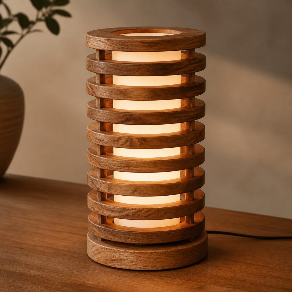 Pecan Stacked Ring Lamp shown as an original square photorealistic pecan wood lamp with authentic grain, warm diffused light, and a short dark power cord