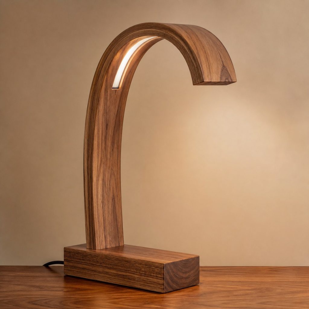 Pecan Laminated Arch Lamp shown as an original square photorealistic pecan wood lamp with authentic grain, warm diffused light, and a short dark power cord