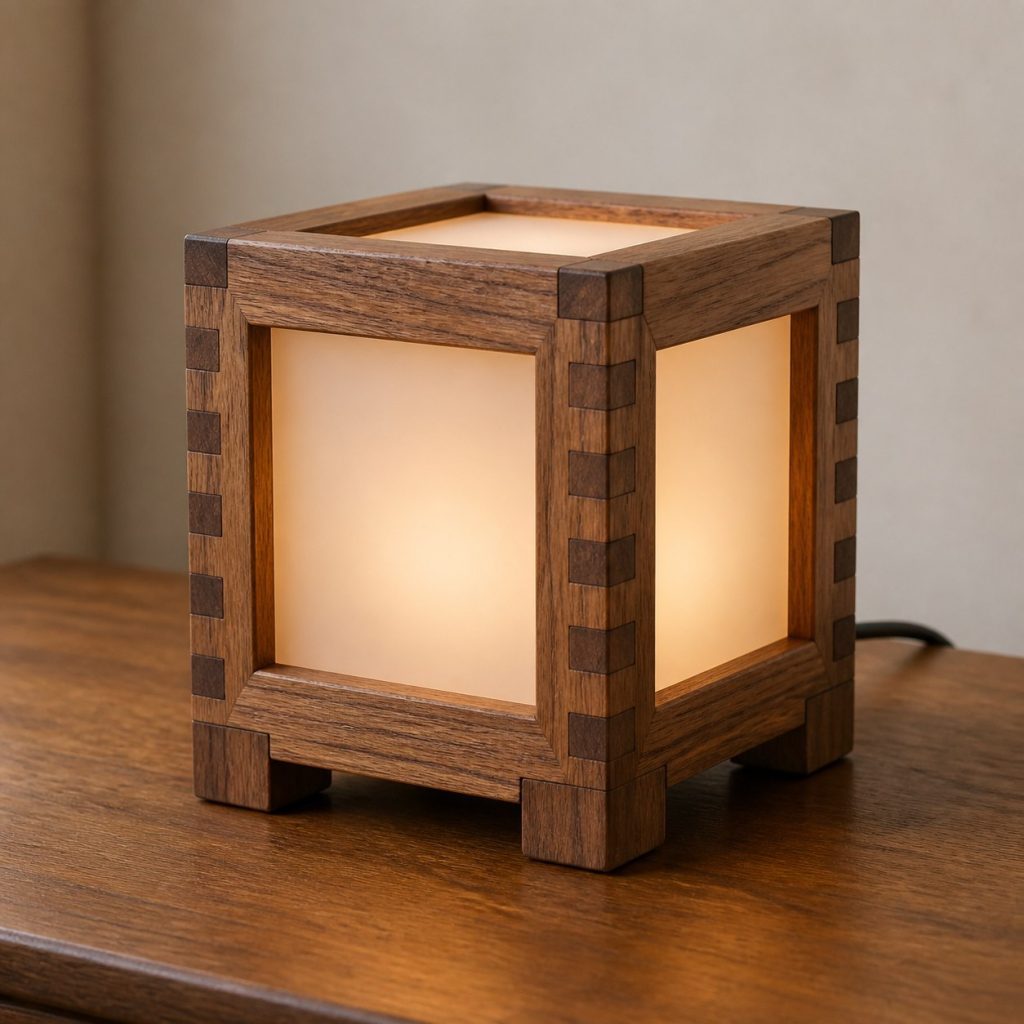 Pecan Box-Jointed Cube Lamp shown as an original square photorealistic pecan wood lamp with authentic grain, warm diffused light, and a short dark power cord