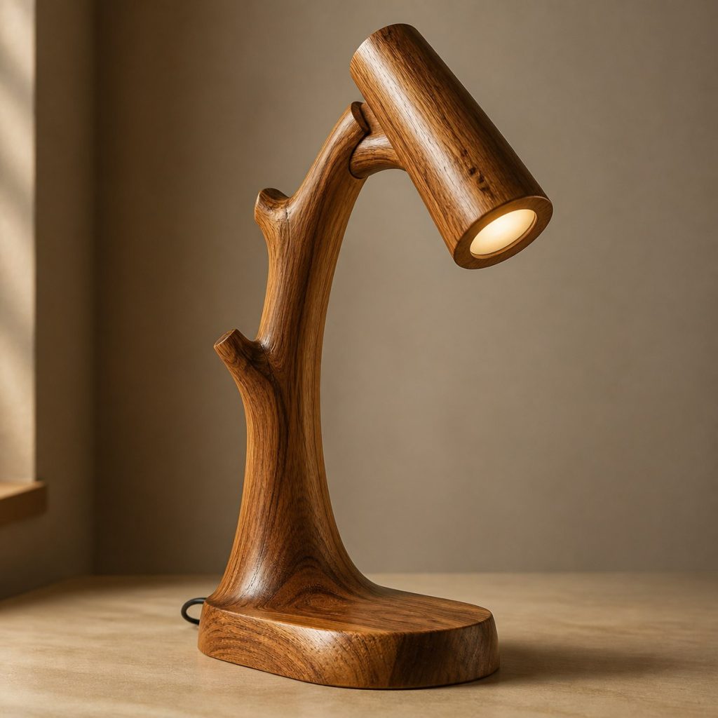 Pecan Branch Reading Lamp shown as an original square photorealistic pecan wood lamp with authentic grain, warm diffused light, and a short dark power cord