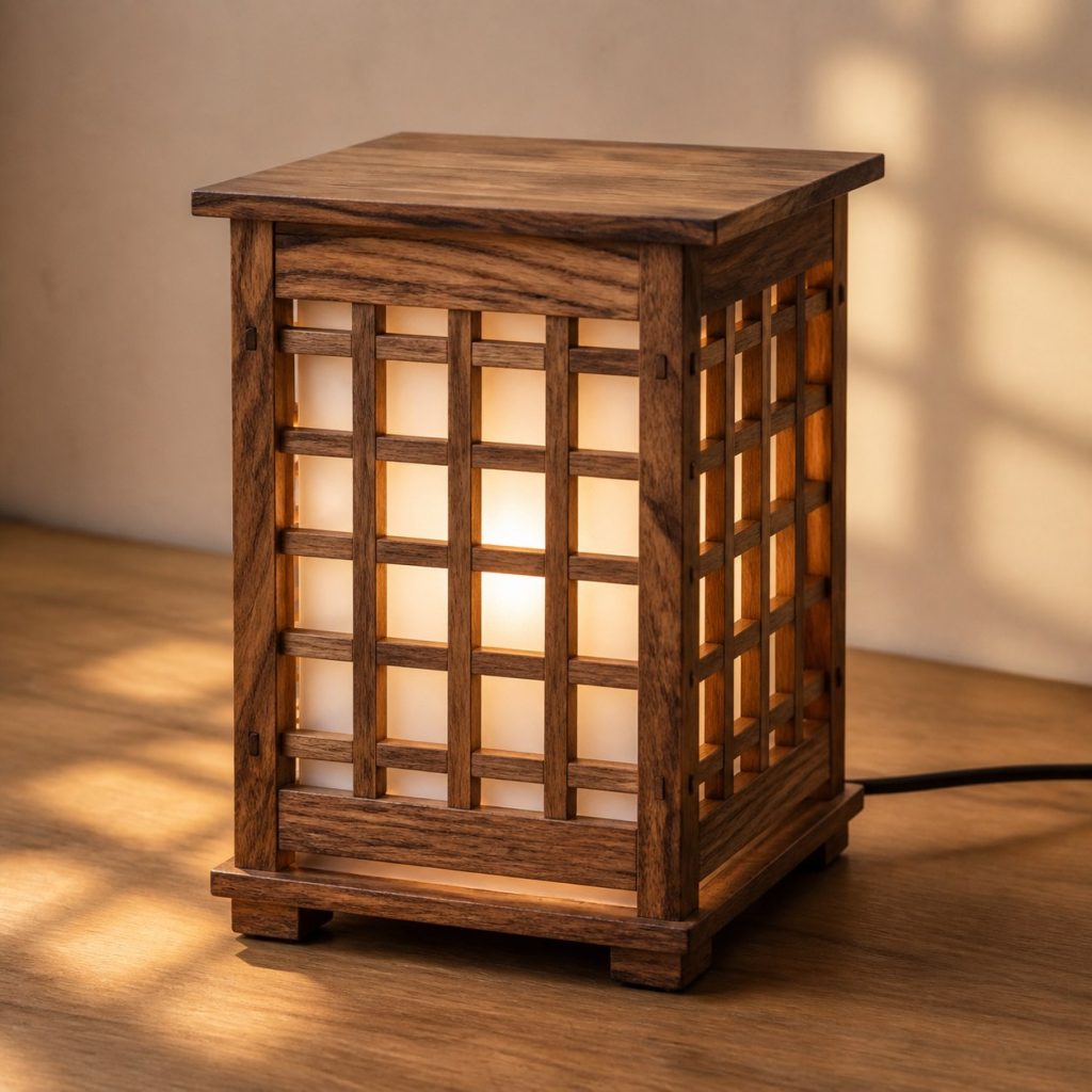 Pecan Lattice Lamp shown as an original square photorealistic pecan wood lamp with authentic grain, warm diffused light, and a short dark power cord