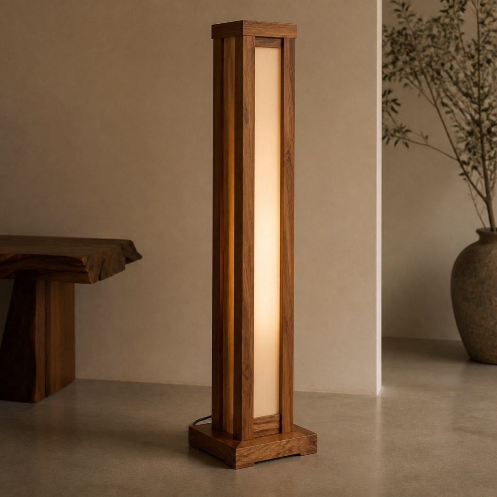 Pecan Column Floor Lamp shown as an original square photorealistic pecan wood lamp with authentic grain, warm diffused light, and a short dark power cord