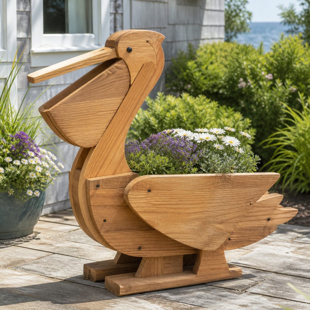Classic Cedar Pelican Planter shown as a square photorealistic cedar garden planter filled with cottage flowers