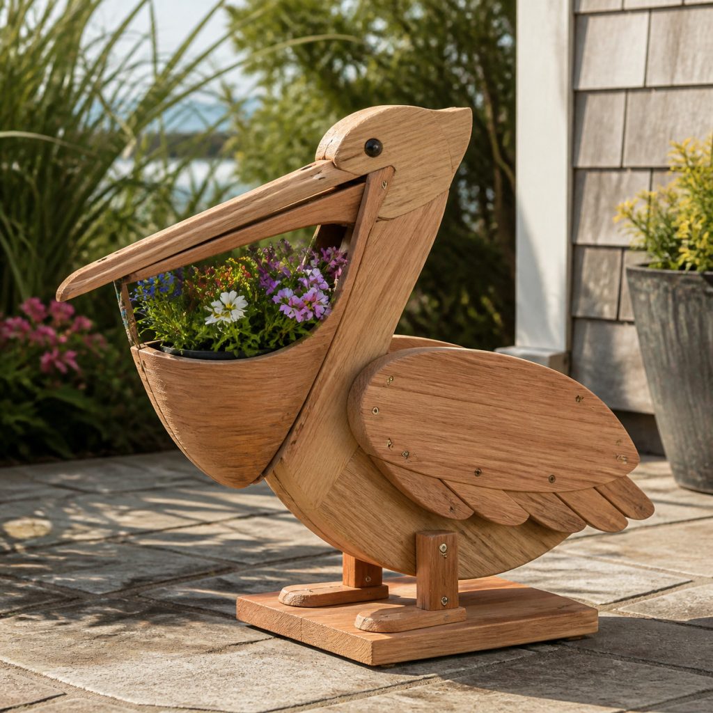 Compact Pouch-Pot Pelican shown as a square photorealistic cedar garden planter filled with cottage flowers