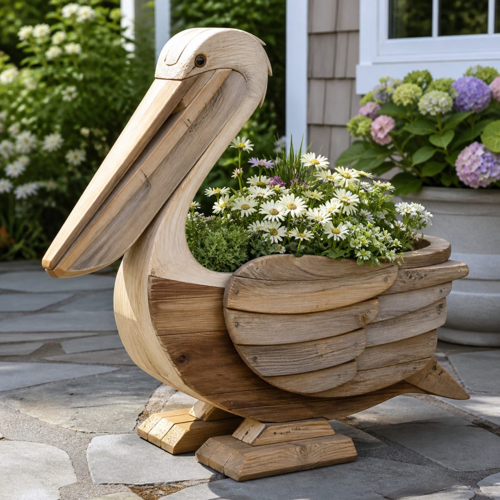 Folded-Wing Coastal Pelican shown as a square photorealistic cedar garden planter filled with cottage flowers