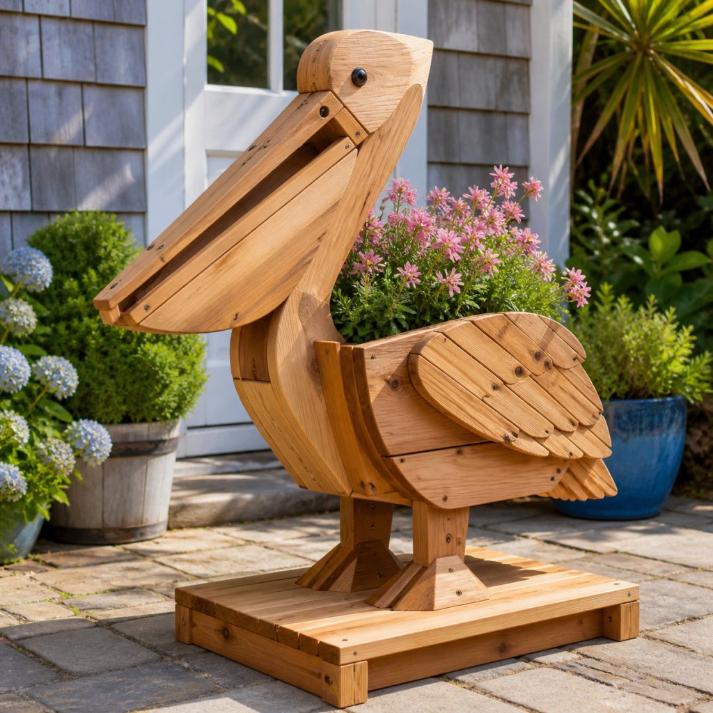 Pelican on Broad Dock Base shown as a square photorealistic cedar garden planter filled with cottage flowers
