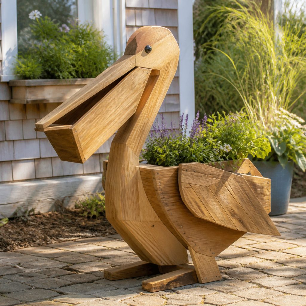Modern Geometric Pelican shown as a square photorealistic cedar garden planter filled with cottage flowers