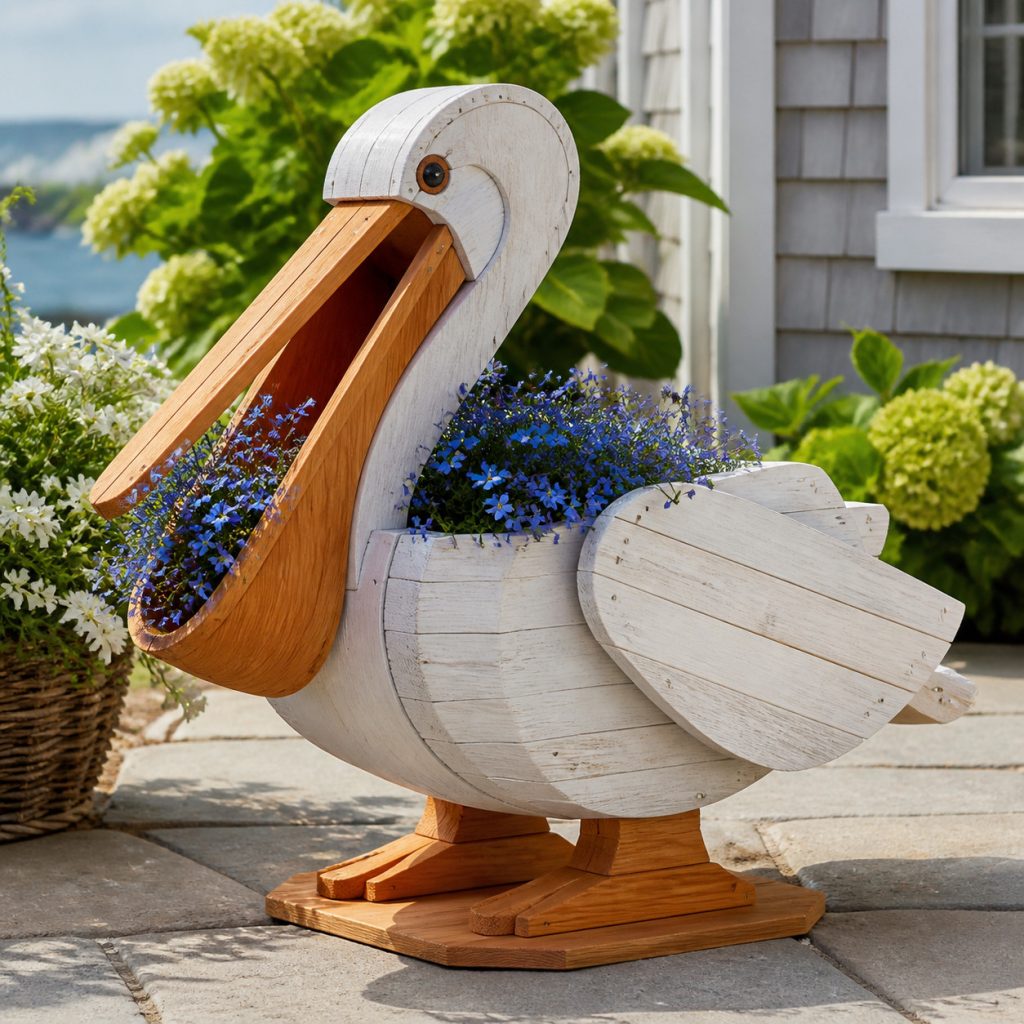 Whitewashed Cottage Pelican shown as a square photorealistic cedar garden planter filled with cottage flowers